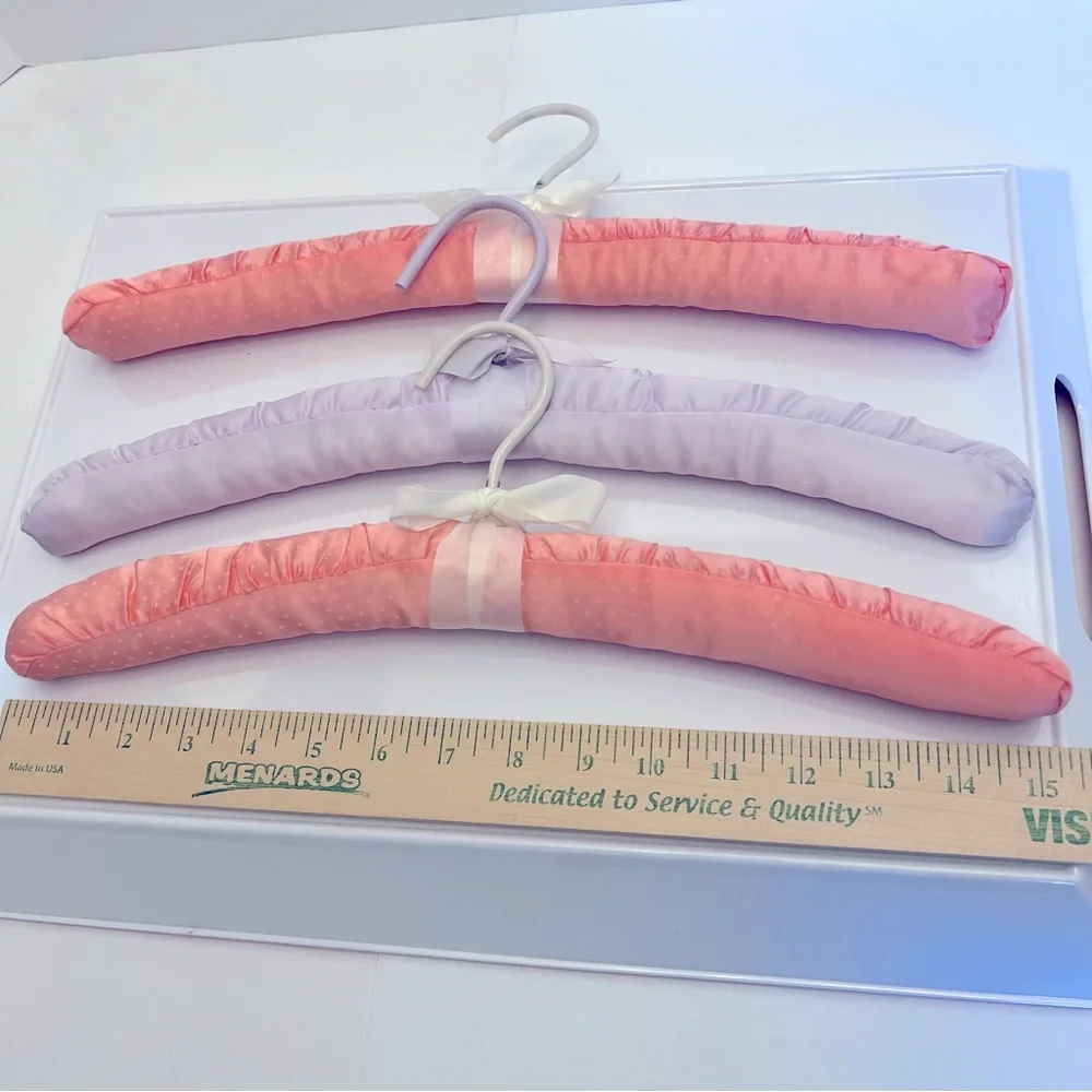 Three Luxurious Padded Satin Hangers-2 Pink Polka Dot and 1 Lilac Hanger.